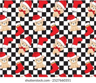 Holiday cute teddy bear print over checkers