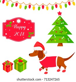 Holiday dachshund and Christmas scene. Christmas and New Year background