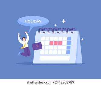 concepto de día festivo. tiempo para tomarse unas vacaciones, descansar y relajarse del trabajo. horario de vacaciones. un trabajador está feliz porque se va. mire el calendario. ilustración diseño del concepto. elementos gráficos