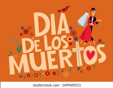 Holiday Day of the Dead. Skeletons dance in letters Dia de Los Muertos. Vector full color graphics