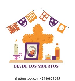 The holiday Day of the Dead in a vector illustration with an altar and a portrait of a deceased old woman, surrounded by offerings, candles and a cross of flowers