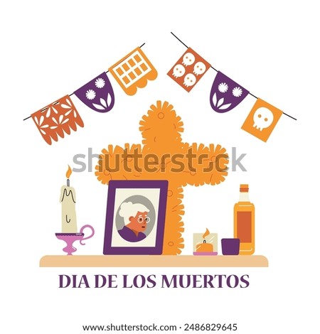 The holiday Day of the Dead in a vector illustration with an altar and a portrait of a deceased old woman, surrounded by offerings, candles and a cross of flowers