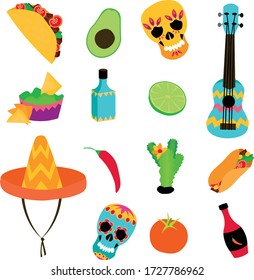 Holiday of the dead in Mexico. El Dia de Muertos. Calavera and other elements of the celebration. Spicy food and alcohol.