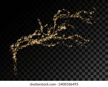 Holiday decor element in the form of a glowing sakura branch. Abstract glowing dust. Christmas background made of luminous dust. Vector png. Floating cloud of holiday bright little dust.