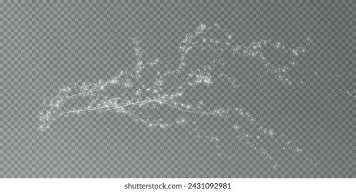 Elemento de decoración de vacaciones en forma de rama blanca brillante de sakura. Polvo brillante abstracto. Fondo de Navidad hecho de polvo luminoso. Vector png. Nube flotante de polvo brillante de vacaciones.