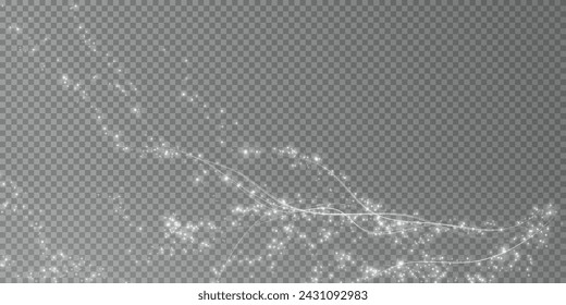 Holiday decor element in the form of a glowing white sakura branch. Abstract glowing dust. Christmas background made of luminous dust. Vector png. Floating cloud of holiday bright little dust.