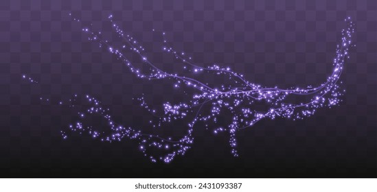 Holiday decor element in the form of a glowing blue sakura branch. Abstract glowing dust. Christmas background made of luminous dust. Vector png. Floating cloud of holiday bright little dust.