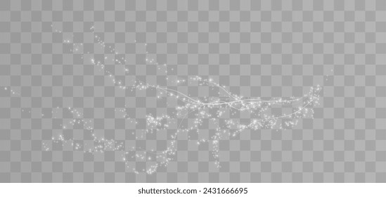 Holiday decor element in the form of a glowing sakura branch. Abstract glowing white dust. Christmas background made of luminous dust. Vector png. Floating cloud of holiday bright little dust.
