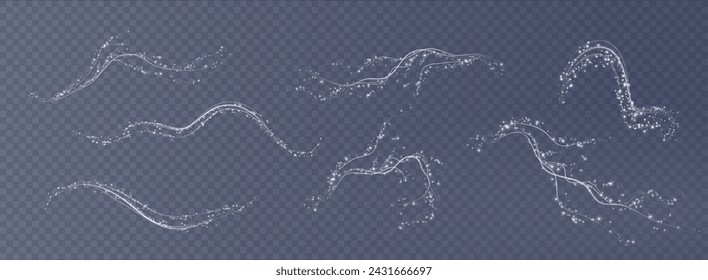Holiday decor element in the form of a glowing sakura branch. Abstract glowing white dust. Christmas background made of luminous dust. Vector png. Floating cloud of holiday bright little dust.