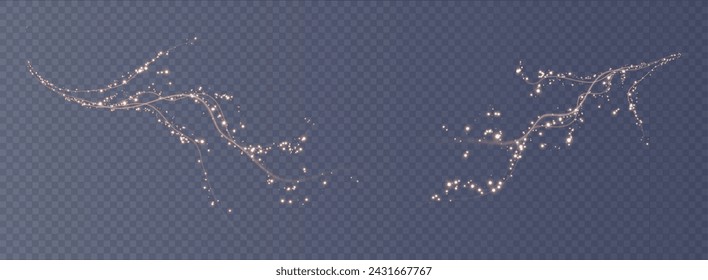 Holiday decor element in the form of a glowing sakura branch. Abstract glowing dust. Christmas background made of luminous dust. Vector png. Floating cloud of holiday bright little dust.