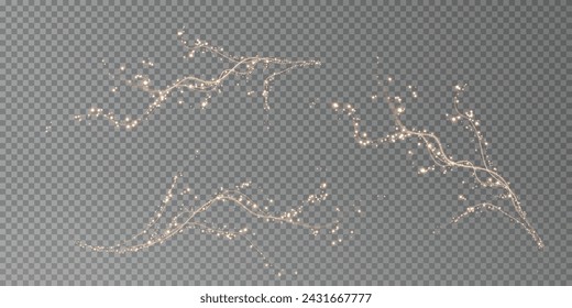 Holiday decor element in the form of a glowing sakura branch. Abstract glowing dust. Christmas background made of luminous dust. Vector png. Floating cloud of holiday bright little dust.