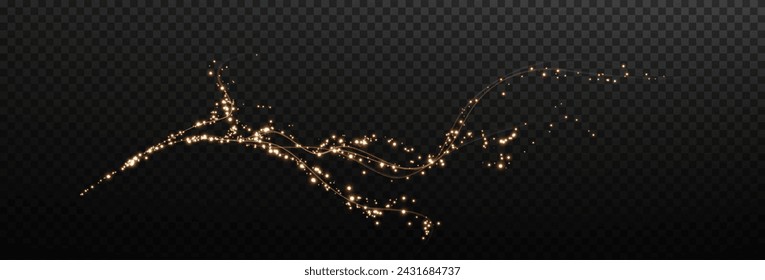 Holiday decor element in the form of a glowing sakura branch. Abstract glowing dust. Christmas background made of luminous dust. Vector png. Floating cloud of holiday bright little dust.