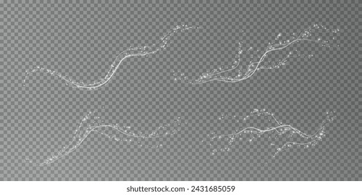 Holiday decor element in the form of a glowing sakura branch. Abstract glowing white dust. Christmas background made of luminous dust. Vector png. Floating cloud of holiday bright little dust.