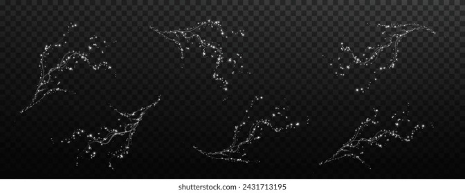 Holiday decor element in the form of a glowing white sakura branch. Abstract glowing dust. Christmas background made of luminous dust. Vector png. Floating cloud of holiday bright little dust.