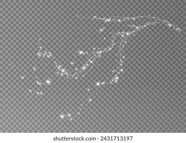 Holiday decor element in the form of a glowing white sakura branch. Abstract glowing dust. Christmas background made of luminous dust. Vector png. Floating cloud of holiday bright little dust.