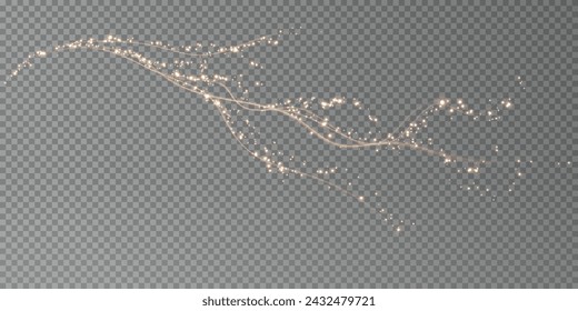 Holiday decor element in the form of a glowing sakura branch. Abstract glowing dust. Christmas background made of luminous dust. Vector png. Floating cloud of holiday bright little dust.