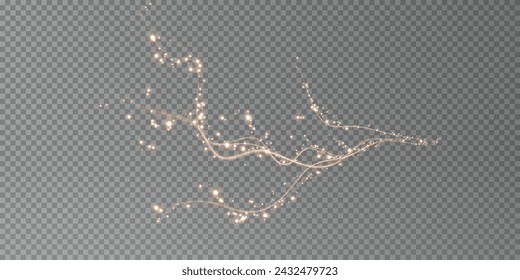 Holiday decor element in the form of a glowing sakura branch. Abstract glowing dust. Christmas background made of luminous dust. Vector png. Floating cloud of holiday bright little dust.