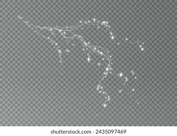 Holiday decor element in the form of a glowing white sakura branch. Abstract glowing dust. Christmas background made of luminous dust. Vector png. Floating cloud of holiday bright little dust.