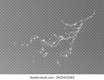 Holiday decor element in the form of a glowing white sakura branch. Abstract glowing dust. Christmas background made of luminous dust. Vector png. Floating cloud of holiday bright little dust.