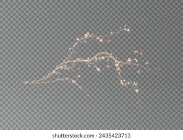 Holiday decor element in the form of a glowing sakura branch. Abstract glowing dust. Christmas background made of luminous dust. Vector png. Floating cloud of holiday bright little dust.