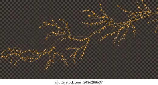 Holiday decor element in the form of a glowing sakura branch. Abstract glowing dust. Christmas background made of luminous dust. Vector png. Floating cloud of holiday bright little dust.