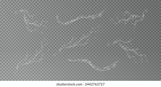 Holiday decor element in the form of a glowing white sakura branch. Abstract glowing dust. Christmas background made of luminous dust. Vector png. Floating cloud of holiday bright little dust.