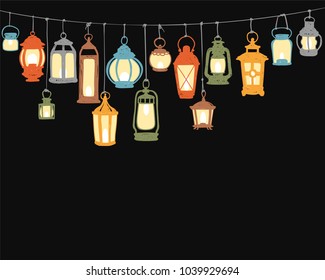 Holiday decor - hunging retro lanterns. Colorful doodle vector illustration
