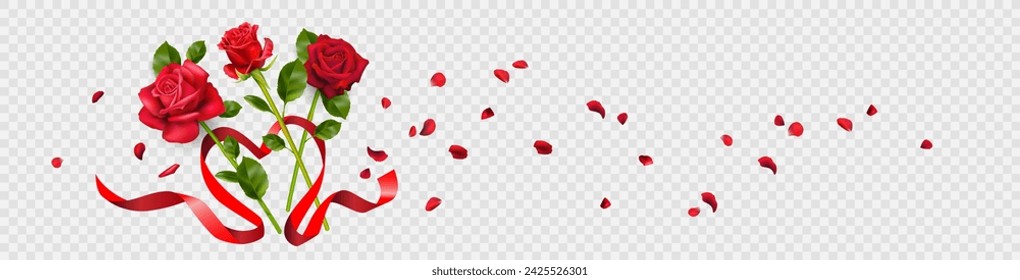 Holiday decor with ribbon and red roses and petals. Design for invitation, congratulation, for a wedding or a date card. Love and appreciation concept.
