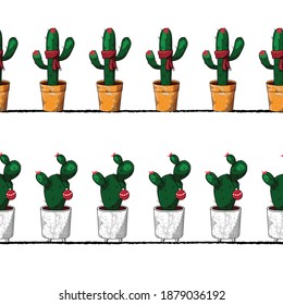Holiday Decorated Potted Cactus Vector Seamless Horizontal Borders Set