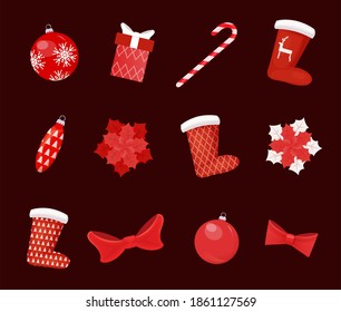 Balón de decoración de vacaciones con patrón de copo de nieve y árbol con arcos, hojas y medias de Santa con estampado de ciervo y árbol, cajas de regalo y vector de caña de caramelo