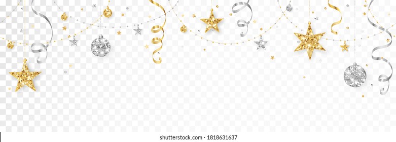 Holiday decoration, Christmas glitter border. Festive vector background isolated on white. Gold and silver ornaments, garland with stars. For Christmas and New Year banners, headers.