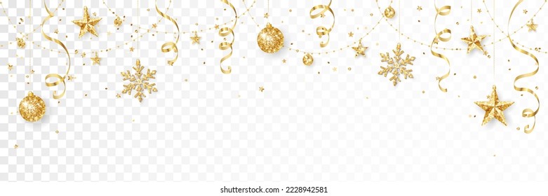 Holiday decoration, Christmas gold glitter frame. Festive vector background isolated on white. Golden ornaments, garland with stars and snowflakes. For Christmas and New Year banners, headers.