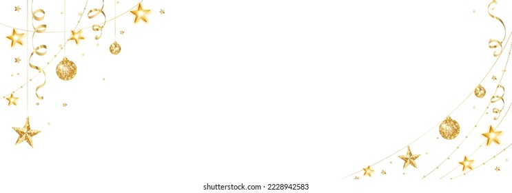 Holiday decoration, Christmas gold glitter frame. Festive vector background isolated on white. Golden ornaments, garland with stars. For Christmas and New Year banners, headers.