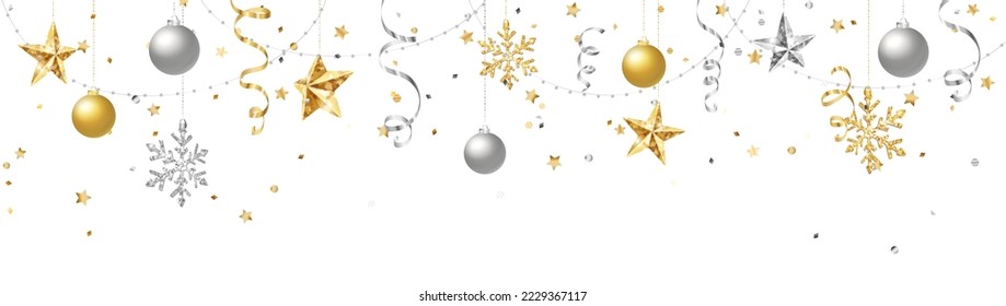 Holiday decoration, Christmas gold and silver frame. Vector background isolated on white. Golden ornaments, garland with glitter stars and snowflakes. For Christmas and New Year banners, headers.