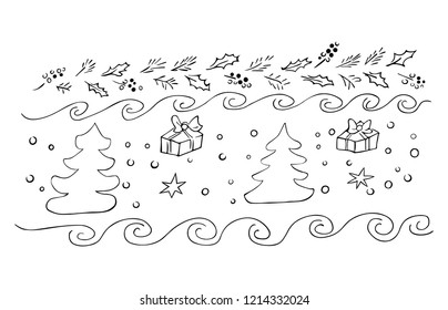 Holiday decoration composition. Trees, snow, gifts, swirls, pine tree branches and berries. Flat lay. Front view.