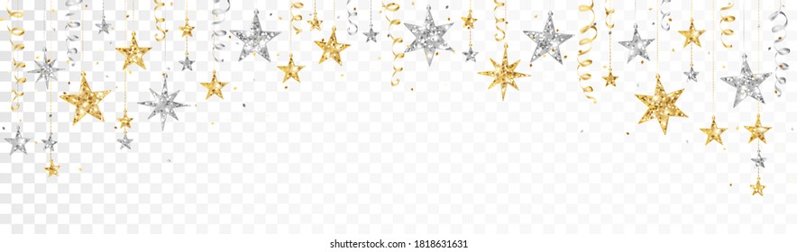 Decoración de vacaciones, borde brillante con estrellas. Fondo vectorial festivo aislado en blanco. Granja de oro y plata, marco. Para banners de Navidad y Año Nuevo, encabezados, tarjetas de cumpleaños.