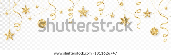 Holiday decoration, gold glitter border. Festive\
vector background isolated on white. Golden ornaments, garland with\
stars. For Christmas and New Year banners, headers, birthday and\
wedding cards.
