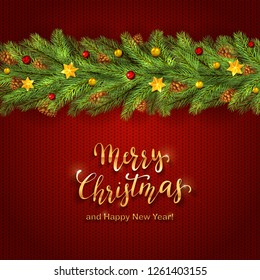 Holiday decorations with Christmas balls, stars and fir tree branches on red knitting background. Golden lettering Merry Christmas and Happy New Year, illustration.