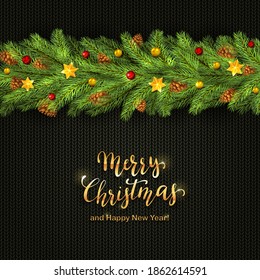 Holiday decorations with Christmas balls, stars and fir tree branches on black knitting background. Golden lettering Merry Christmas and Happy New Year, illustration.