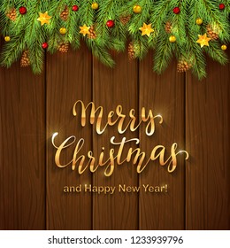 Holiday decorations with Christmas stars, balls and fir tree branches on wooden background. Golden lettering Merry Christmas and Happy New Year, illustration.