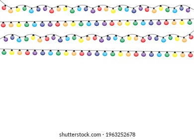 Holiday decorations. Colored light bulb garland for decoration design. Christmas banner. Vector illustration. Stock image. 