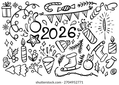 Holiday decorations in doodle style featuring New Year and Christmas 2026. Happy New Year and Merry Christmas. Hand-drawn doodle art elements.