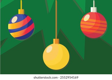 Holiday decorations, festive ornaments, colorful baubles, hanging decorations, tree ornaments, winter celebration, seasonal decor, vibrant ornaments, evergreen tree, holiday cheer, festive illustratio