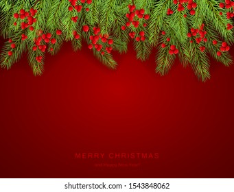 Holiday decorations with fir tree branches and holly berries on red background. Lettering Merry Christmas and Happy New Year. Illustration can be used for holiday design, cards, banners.