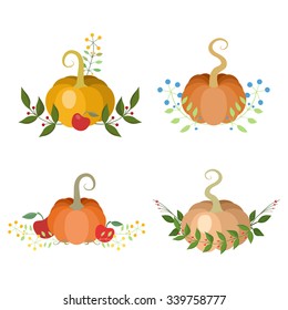 Holiday decorations. Four small compositions with pumpkins, apples, leaves and flowers. November harvest and Thanksgiving holidays theme decorative elements for blog or card. Vector file is EPS8.