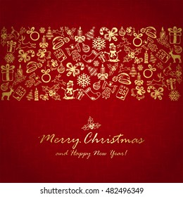 Holiday decorations with golden Christmas elements on red background, illustration.