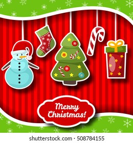 Holiday decorations merry christmas flat card vector illustration