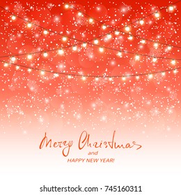 Holiday decorations on red snowy background. Text Merry Christmas and Happy New Year with white Christmas lights, illustration.