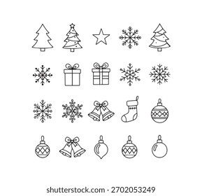 Holiday decorations pine trees snowflakes stars gift boxes bells. Festive elements doodle style.