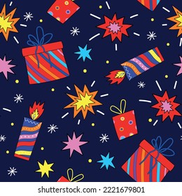Holiday decorative colorful seamless pattern with Christmas decorations. Retro fancy Holiday Christmas background